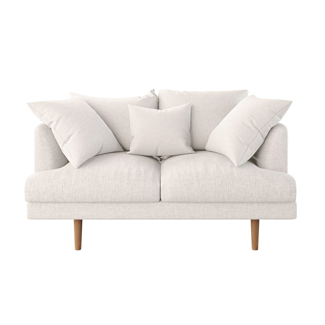 Colton 2 Seater Fabric Sofa with Rug - Cream White: A contemporary cream loveseat with five matching cushions, slender wooden legs, and included floor rug, ideal for modern living spaces.