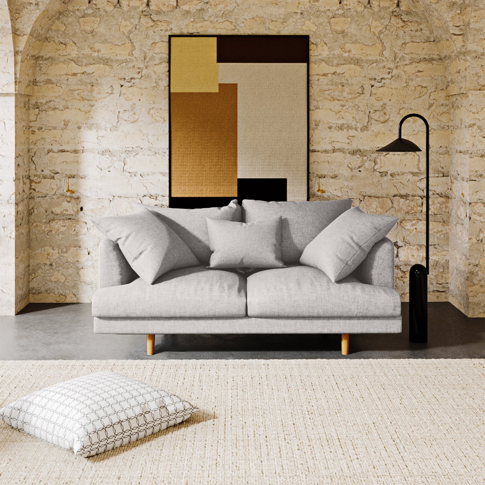  Colton 2 Seater Fabric Sofa Stone, highlighting its sleek design, soft cushions, and solid wood frame, showcasing modern style and comfort in a cozy indoor setting.