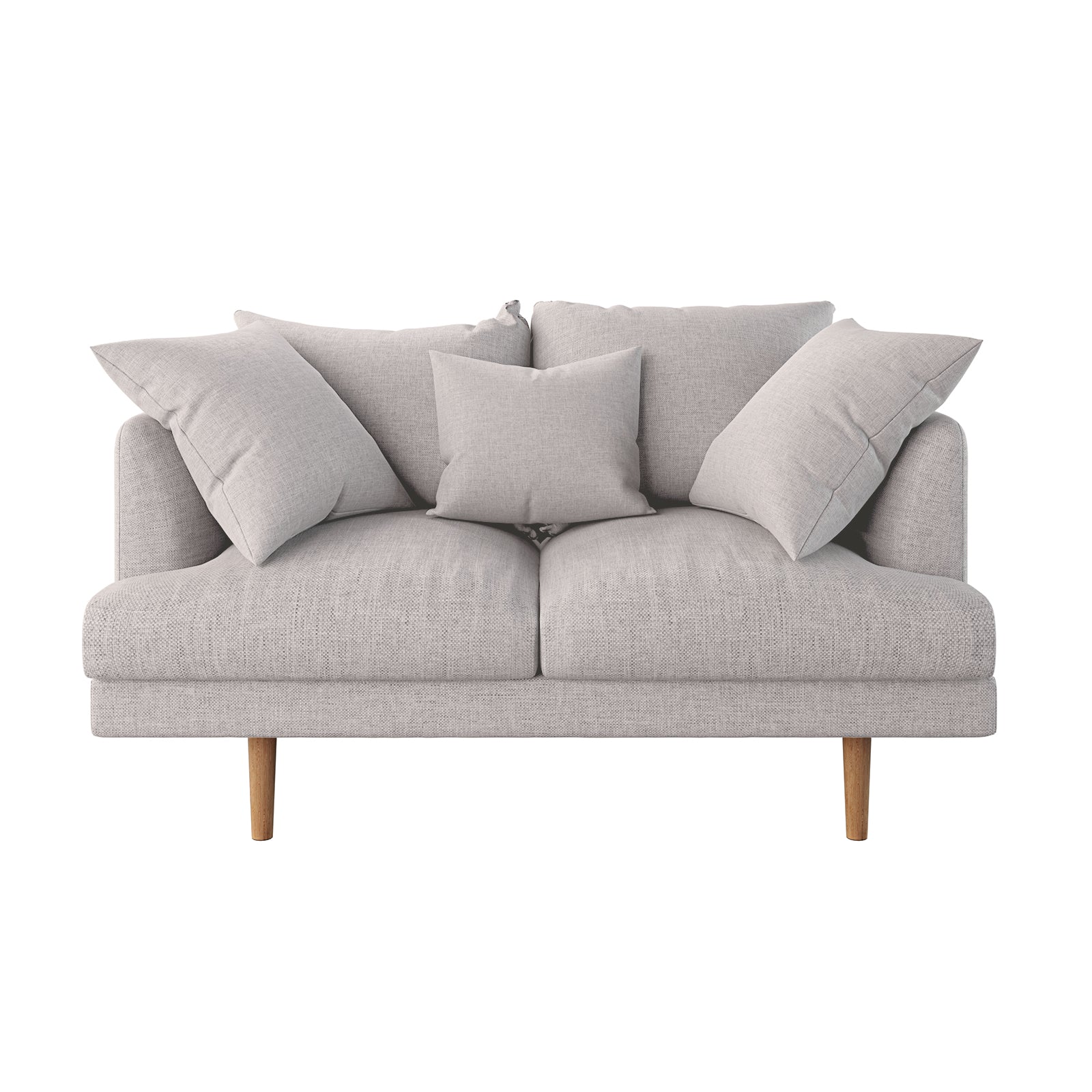 Colton 2 Seater Fabric Sofa Stone, highlighting its sleek modern design, soft cushions, and solid wood frame, emphasizing its comfort and durability as a stylish home addition.