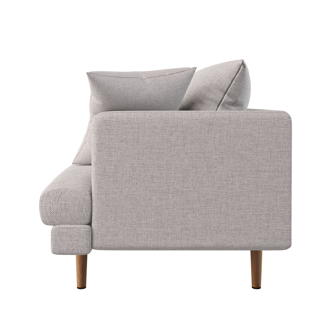 Colton 2 Seater Fabric Sofa Stone, showcasing a sleek modern design with plush cushions, solid wood legs, and an armrest, emphasizing comfort and durability, perfect for contemporary living spaces.