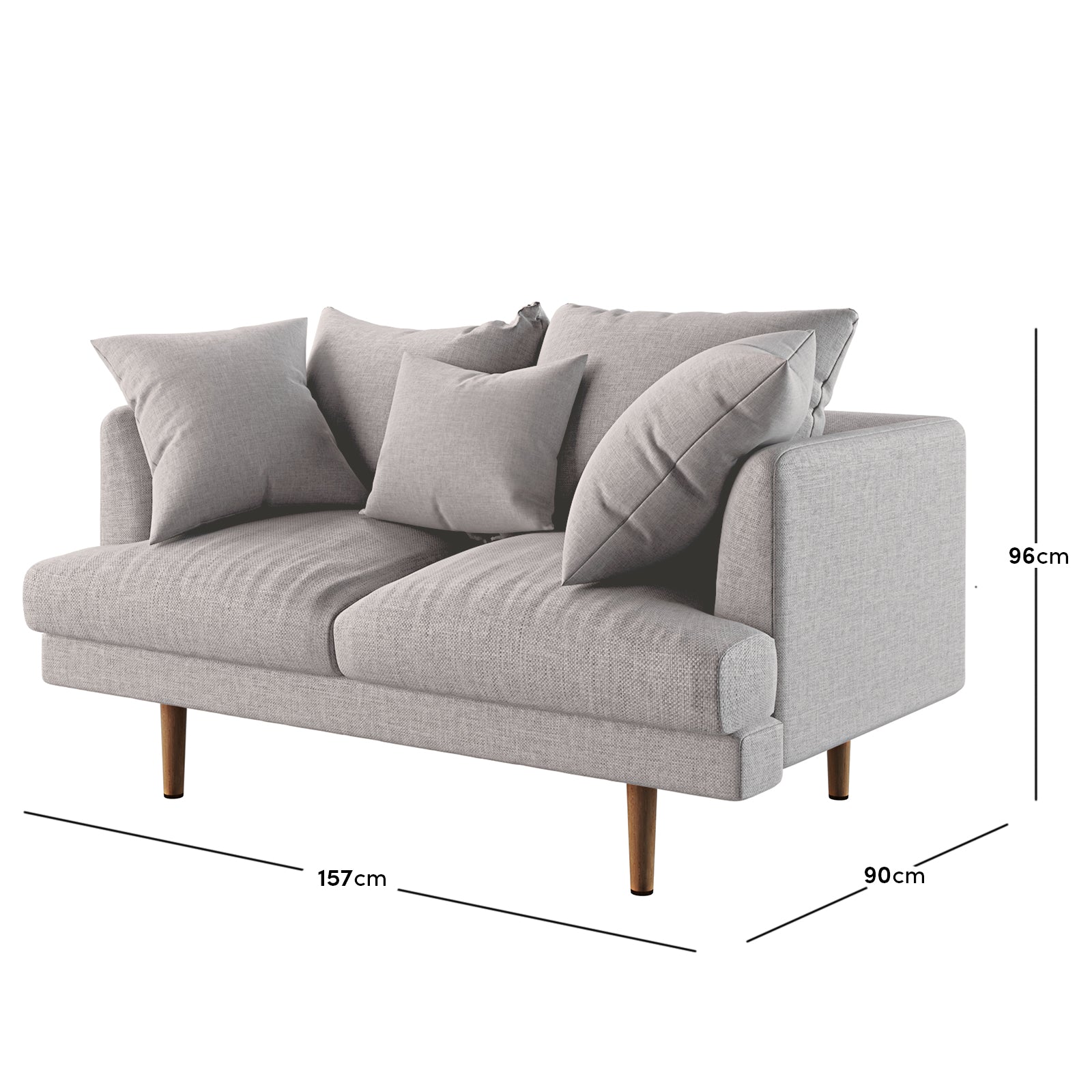 Colton 2 Seater Fabric Sofa Stone features a close-up of plush cushions on a sleek, modern sofa, highlighting its sturdy solid wood frame and minimalist design, ideal for contemporary living spaces.