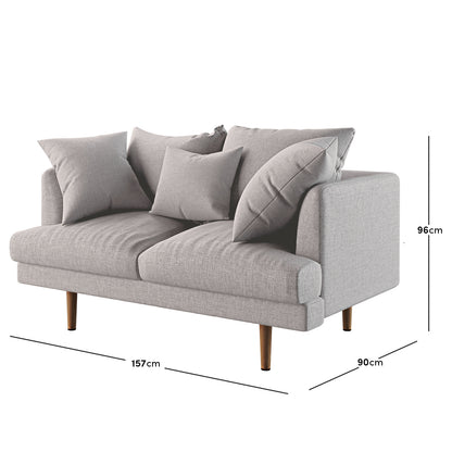 Colton 2 Seater Fabric Sofa Stone features a close-up of plush cushions on a sleek, modern sofa, highlighting its sturdy solid wood frame and minimalist design, ideal for contemporary living spaces.