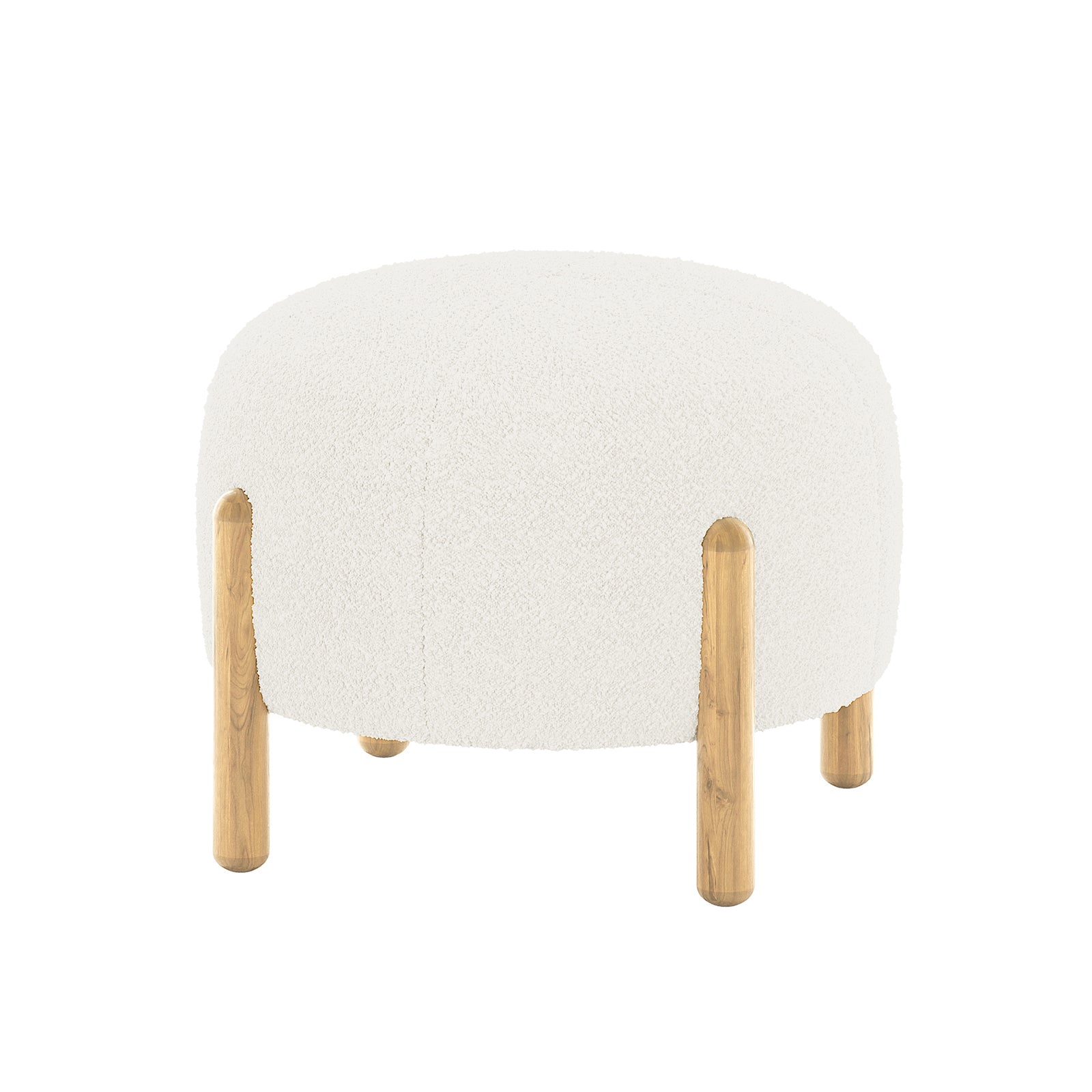 Conchita Boucle Ottoman Stool featuring an off-white, softly rounded upholstered top in bouclé fabric, with four short cylindrical wooden legs extending into the cushion for stylish durability.