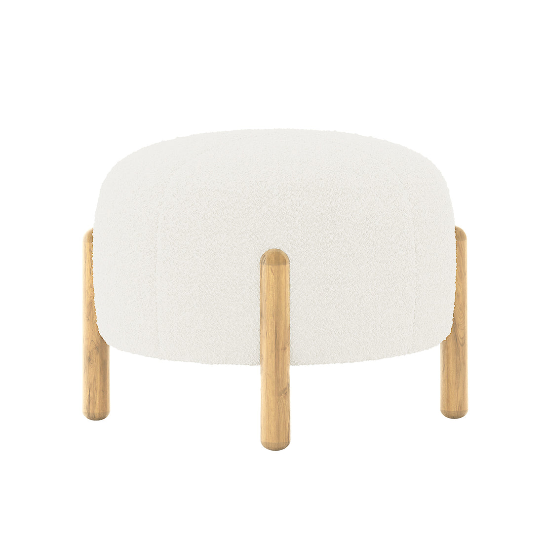 Conchita Boucle Ottoman Stool features a small, round design with a soft, white boucle upholstered top and four cylindrical wooden legs, offering stylish comfort and practicality for your home.