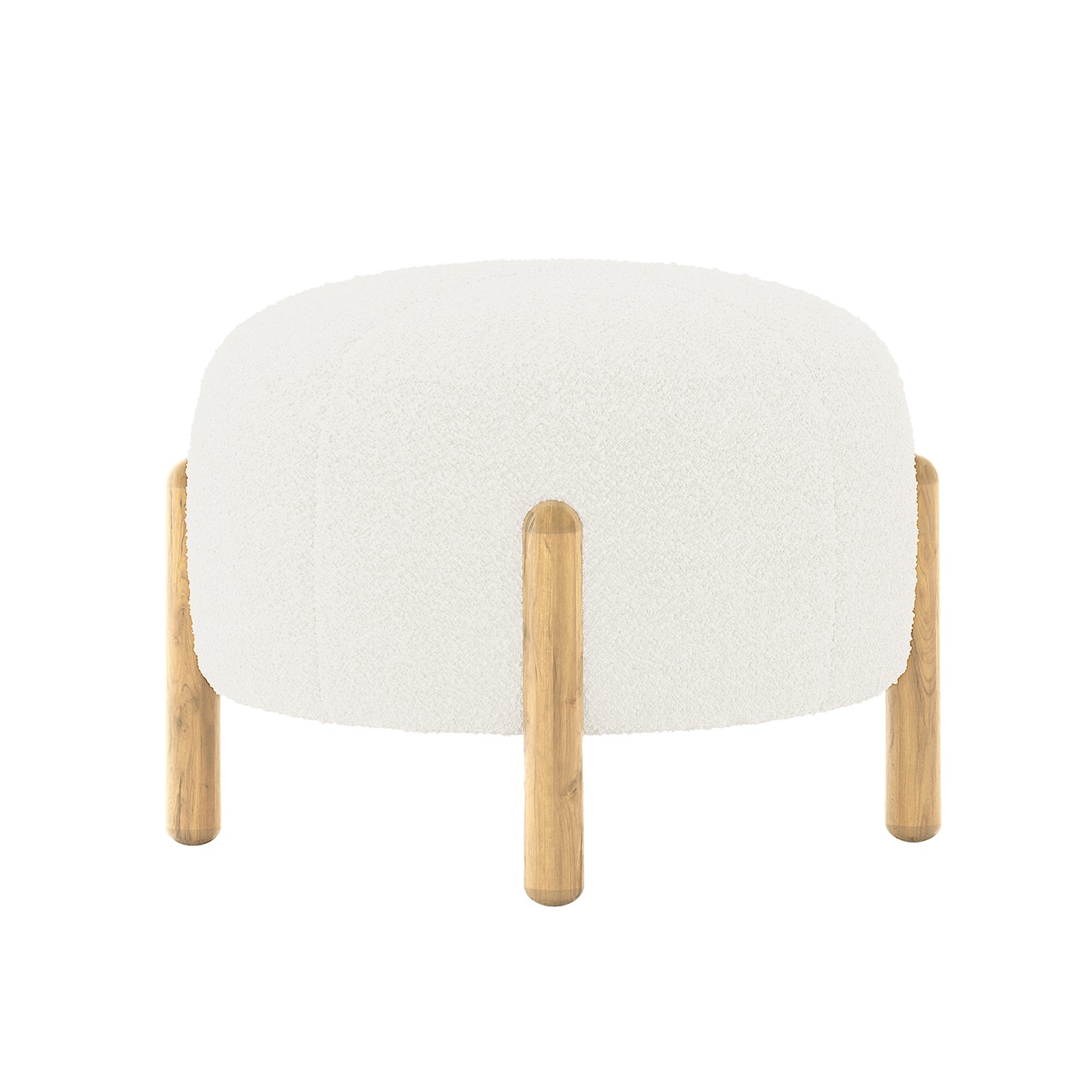 Conchita Boucle Ottoman Stool features a small, round design with a soft, white boucle upholstered top and four cylindrical wooden legs, offering stylish comfort and practicality for your home.