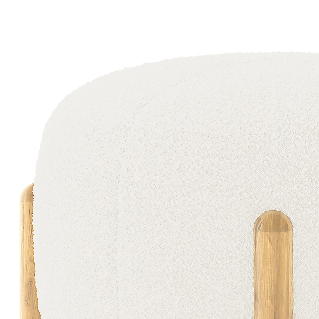 Conchita Boucle Ottoman Stool with cream-colored boucle upholstery, rounded corners, and natural-finish wooden legs, showcasing its elegant and cosy design, perfect for versatile home use.