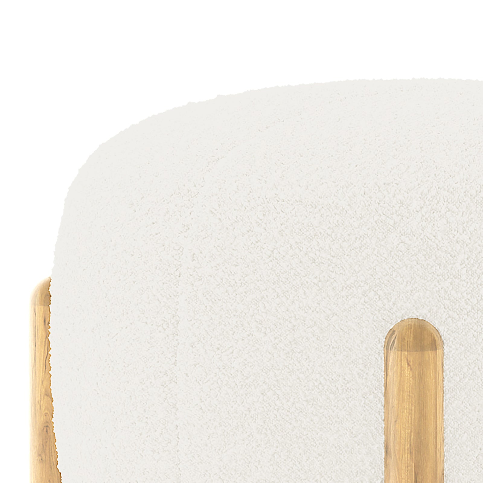 Conchita Boucle Ottoman Stool with cream-colored boucle upholstery, rounded corners, and natural-finish wooden legs, showcasing its elegant and cosy design, perfect for versatile home use.