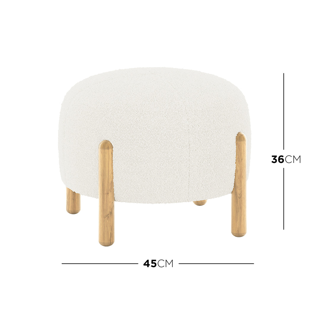 Conchita Boucle Ottoman Stool, a small round seat in textured off-white bouclé fabric with four short wooden legs, measures 45 cm in diameter and 36 cm tall.