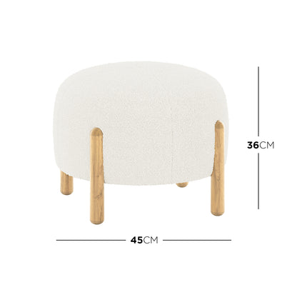 Conchita Boucle Ottoman Stool, a small round seat in textured off-white bouclé fabric with four short wooden legs, measures 45 cm in diameter and 36 cm tall.