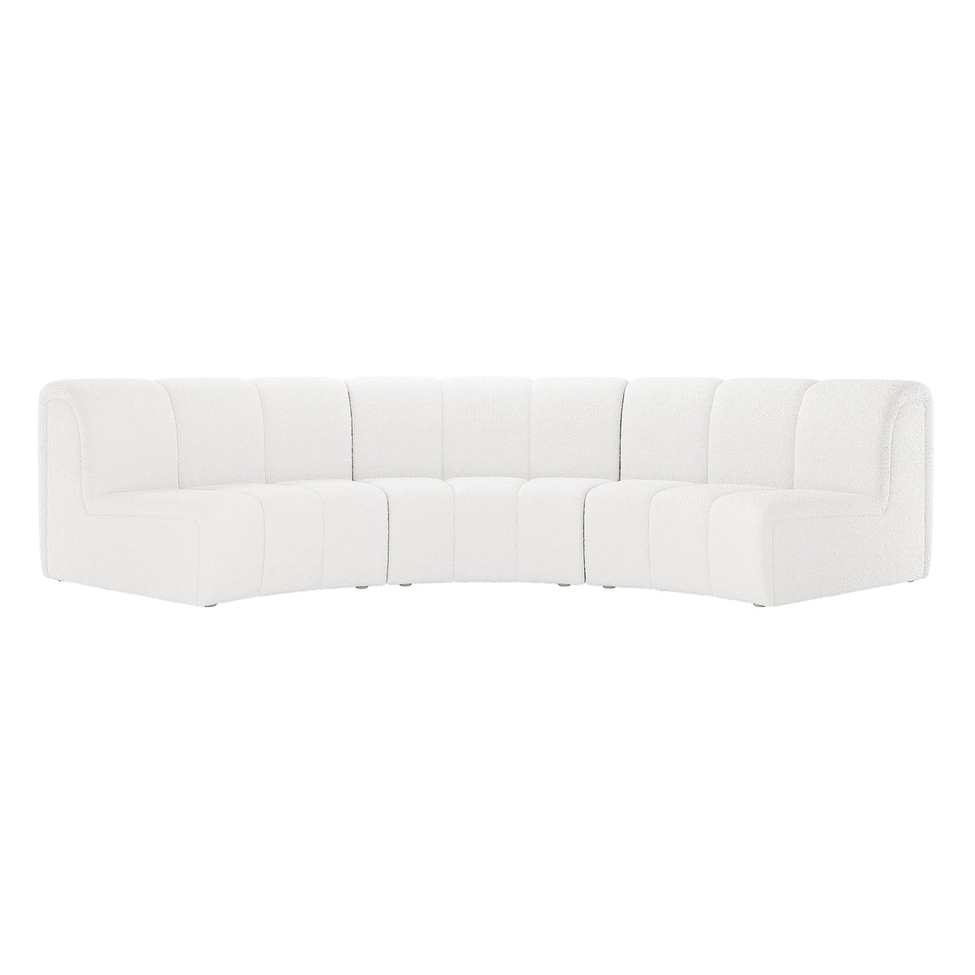 Corina 3 Seater Modular Boucle Sofa in Cream White features a large, curved sectional design with vertical channel-stitched backs and sleek lines, forming a gentle U-shape for elegant and sophisticated seating.