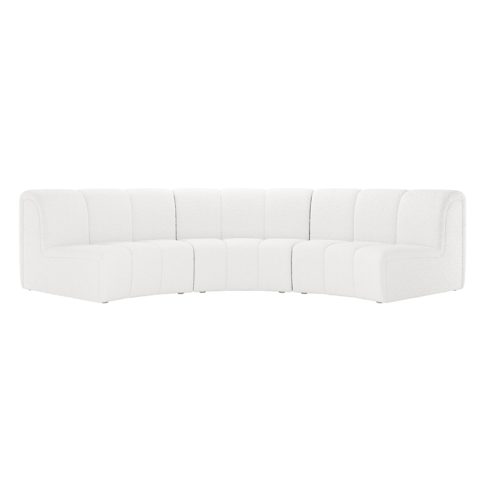 Corina 3 Seater Modular Boucle Sofa in Cream White features a large, curved sectional design with vertical channel-stitched backs and sleek lines, forming a gentle U-shape for elegant and sophisticated seating.