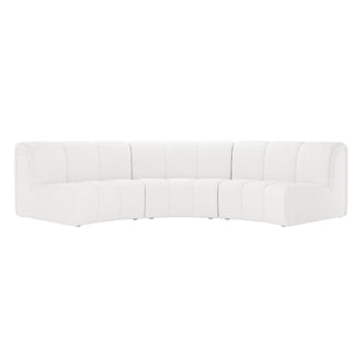 Corina 3 Seater Modular Boucle Sofa in Cream White features a large, curved sectional design with vertical channel-stitched backs and sleek lines, forming a gentle U-shape for elegant and sophisticated seating.