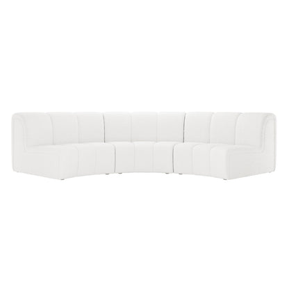 Corina 3 Seater Modular Boucle Sofa in Cream White features a large, curved sectional design with vertical channel-stitched backs and sleek lines, forming a gentle U-shape for elegant and sophisticated seating.