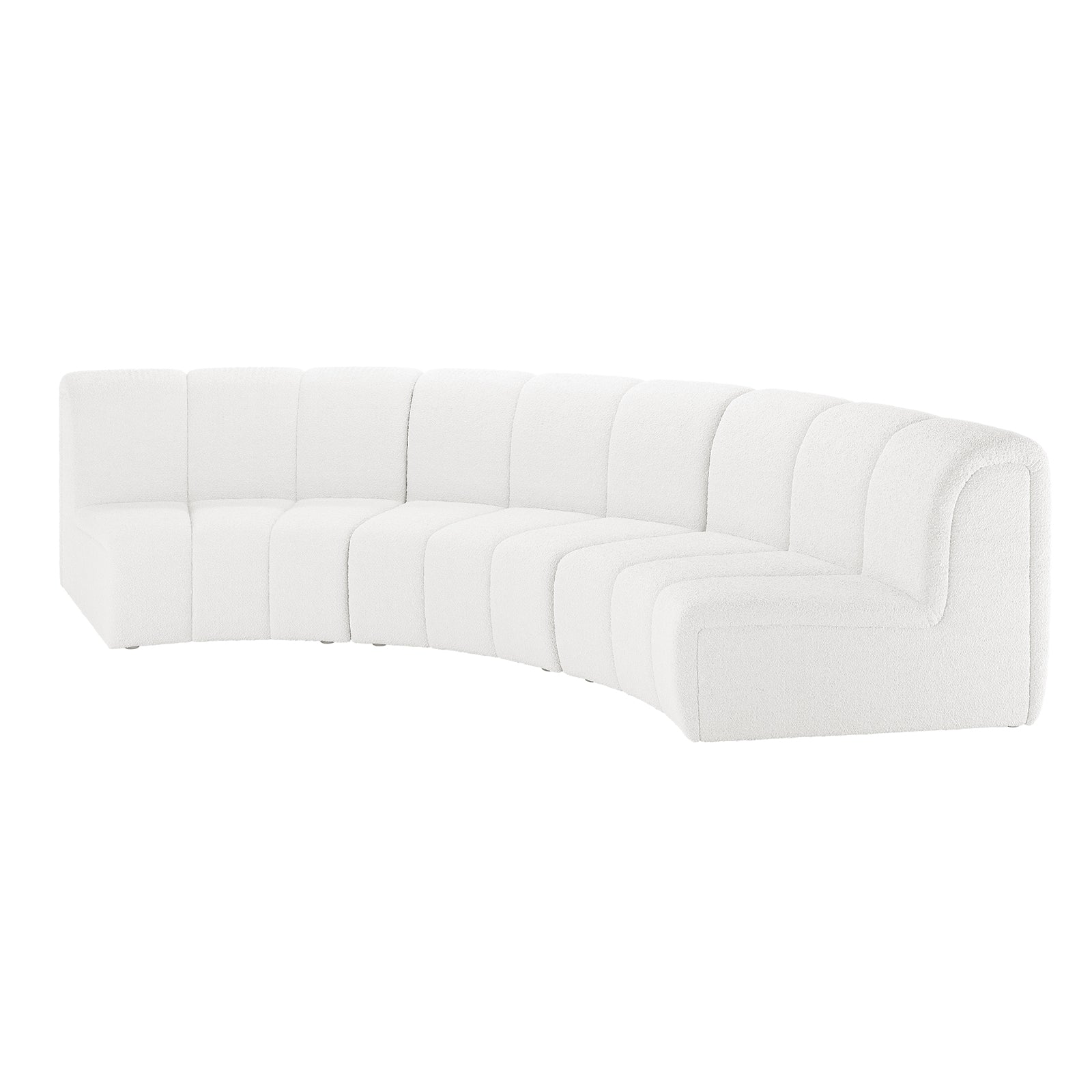 Corina 3 Seater Modular Boucle Sofa in Cream White, featuring a plush tufted-back, gently curved design with individual upholstered segments, showcasing elegance and sophistication in a modern, modular style.