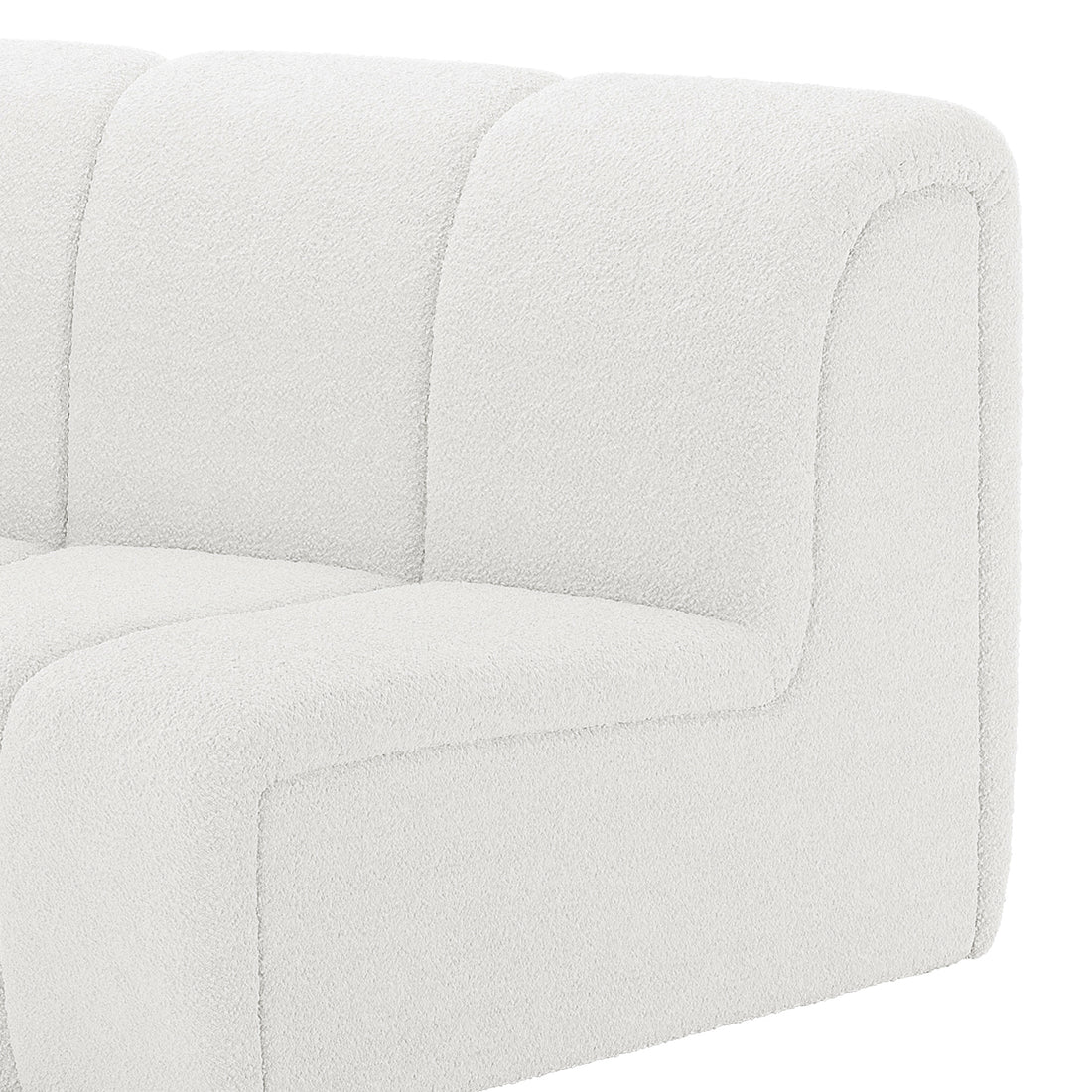 Close-up of the Corina 3 Seater Modular Boucle Sofa in Cream White, showcasing its modern, channel-tufted design and bouclé-style upholstery, highlighting the corner or arm section of this elegant sofa.