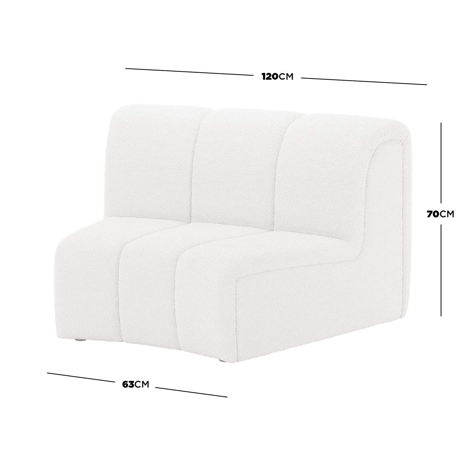 Corina 3 Seater Modular Boucle Sofa in Cream White, featuring an armless design with three softly rounded segments, upholstered in boucle fabric. Dimensions: 120 cm wide, 63 cm deep, 70 cm tall.