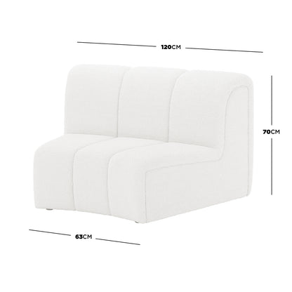 Corina 3 Seater Modular Boucle Sofa in Cream White, featuring an armless design with three softly rounded segments, upholstered in boucle fabric. Dimensions: 120 cm wide, 63 cm deep, 70 cm tall.
