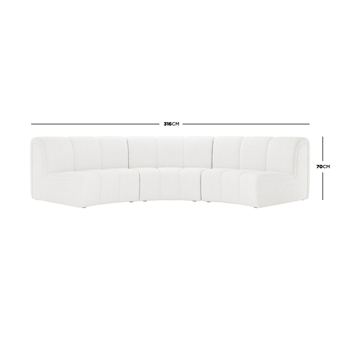 Corina 3 Seater Modular Boucle Sofa in Cream White, featuring a curved design with rounded-corner segments, measuring 316 cm wide and 70 cm high, upholstered in luxurious boucle fabric.