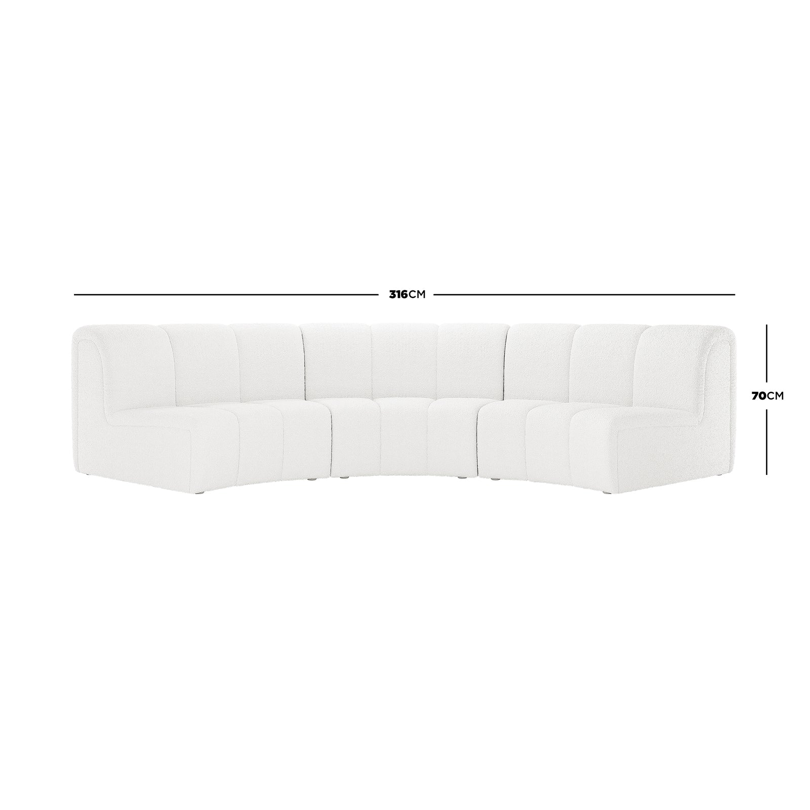 Corina 3 Seater Modular Boucle Sofa in Cream White, featuring a curved design with rounded-corner segments, measuring 316 cm wide and 70 cm high, upholstered in luxurious boucle fabric.