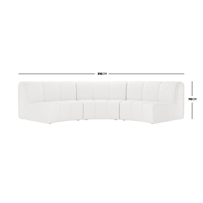 Corina 3 Seater Modular Boucle Sofa in Cream White, featuring a curved design with rounded-corner segments, measuring 316 cm wide and 70 cm high, upholstered in luxurious boucle fabric.