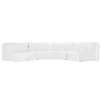 Corina 4 Seater Modular Boucle Sofa in Cream White, featuring a sweeping semi-circular design with curved and straight sections, upholstered in textured bouclé fabric, highlighting its modern and versatile modular arrangement.