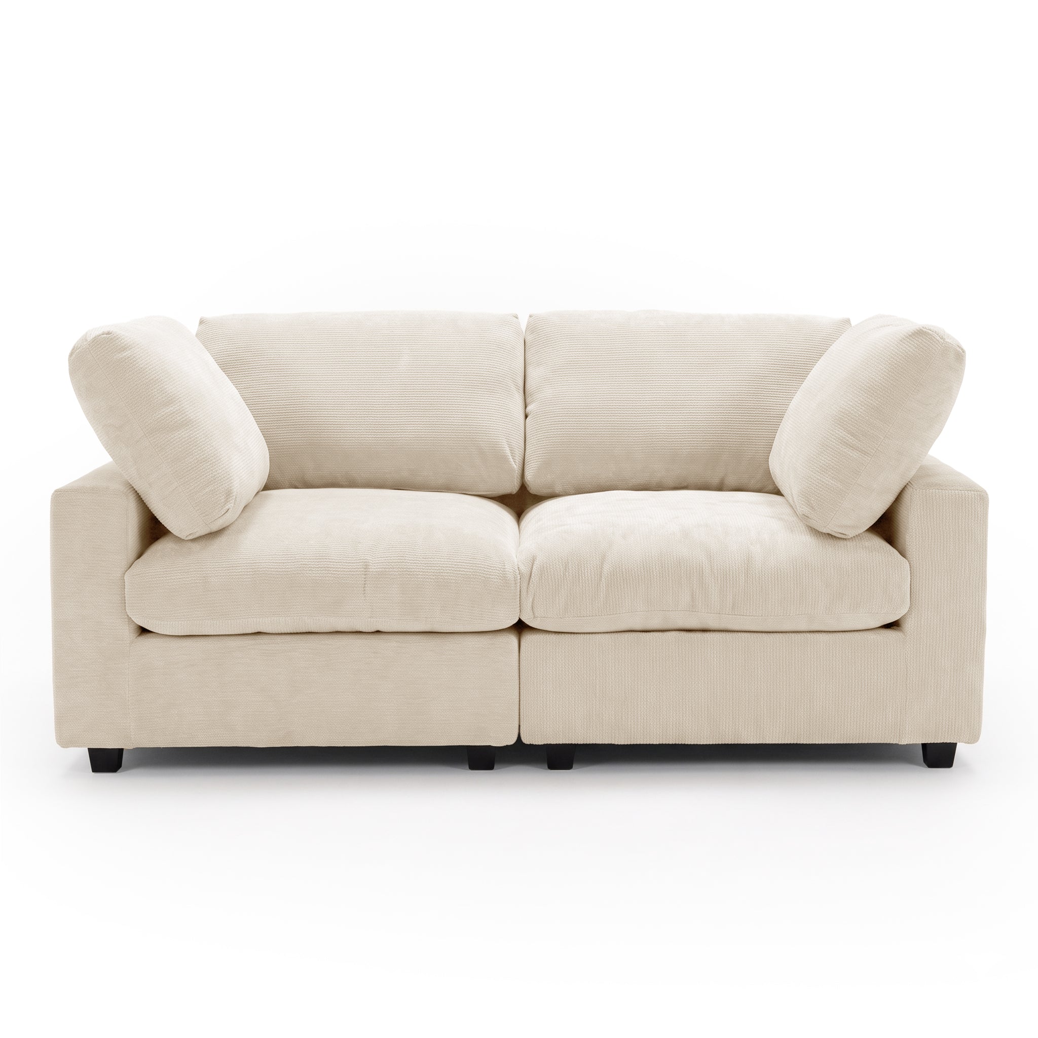 Front view of a beige two-seater sofa on a white background