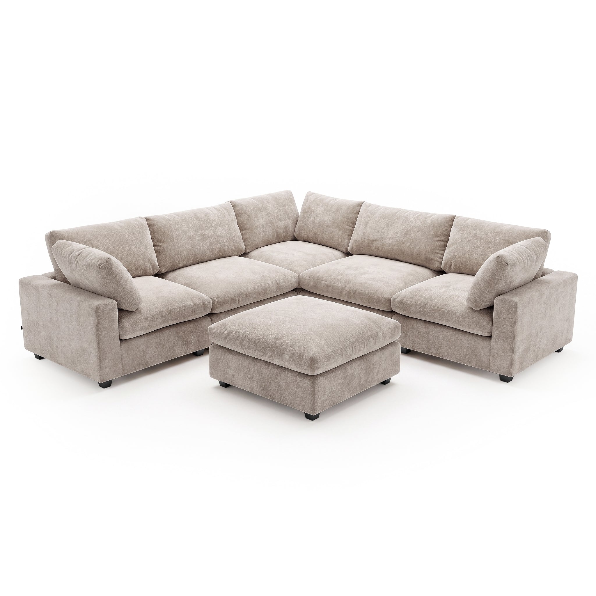 A modular corner sofa in a in Soft Greige, plush fabric, featuring deep seats, comfortable back cushions, and a matching square ottoman positioned in front