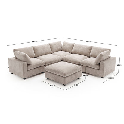 A modular corner sofa in a soft griege plush fabric, measuring 300cm by 300cm with a total height of 96cm, featuring deep 100cm seats, a seat height of 50cm, and a matching 100cm by 100cm square ottoman.