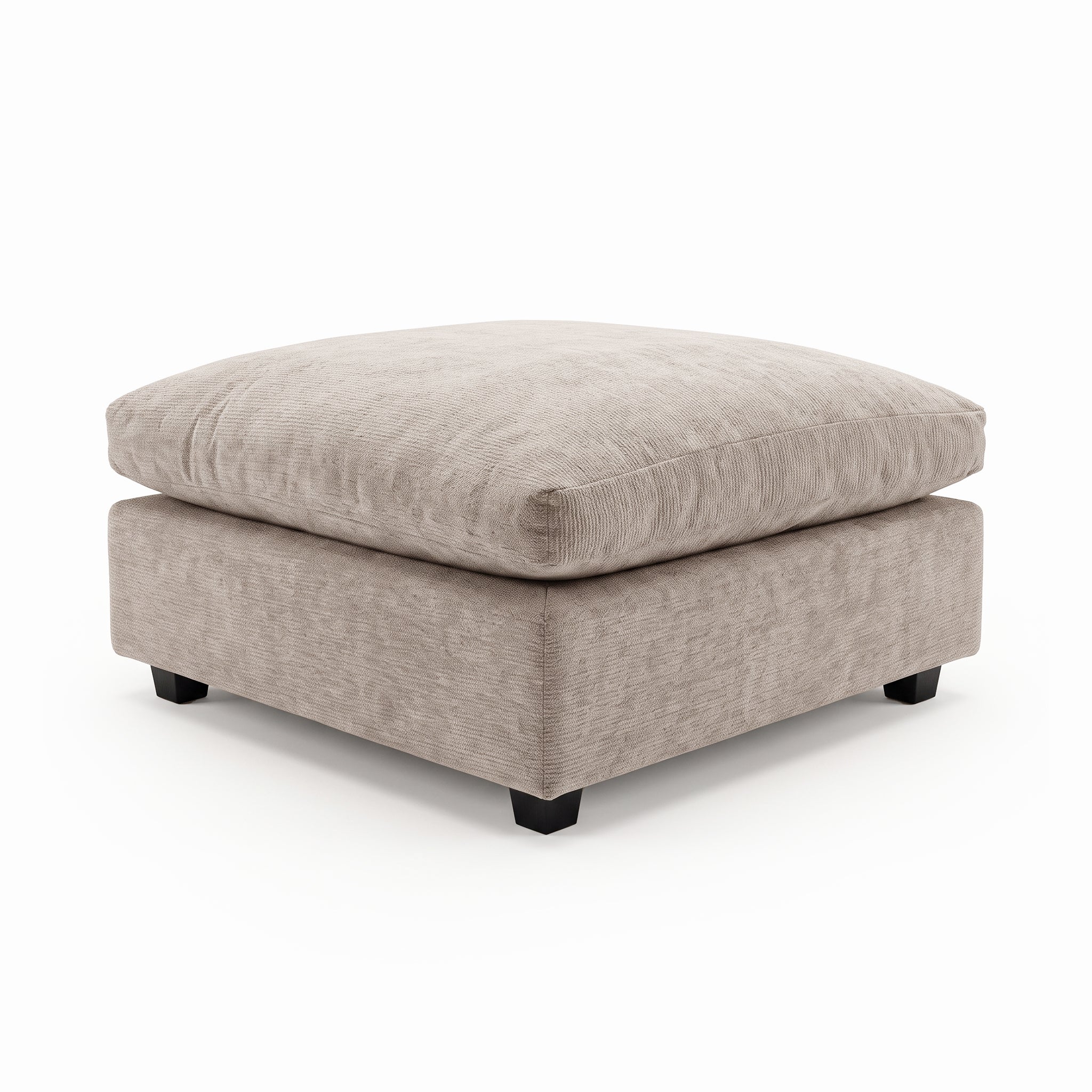 Light beige plush square ottoman on a white background.