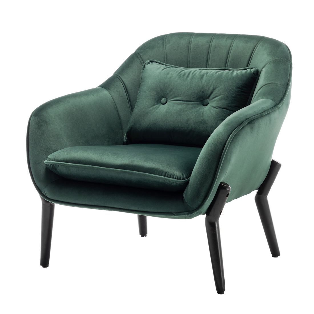 Ellen Velvet Accent Armchair in Dark Forest Green, featuring elegant sloped arms, vertical channel stitching, a loose cushion, a button-tufted lumbar pillow, and sleek black metal legs for a modern look.