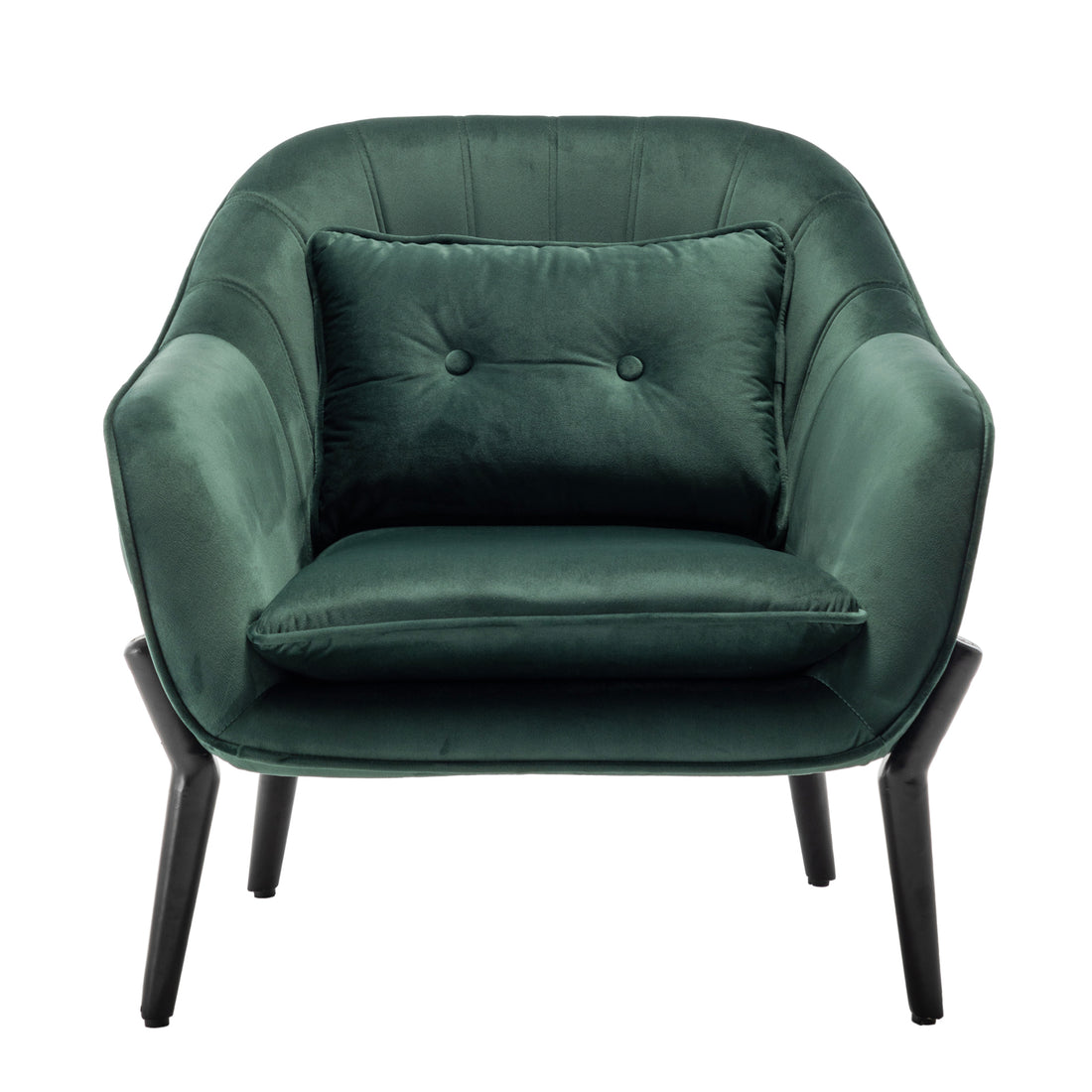 Ellen Velvet Accent Armchair in Dark Forest Green, featuring a modern design with flared armrests, button-tufted back cushion, loose seat cushion, and slender black metal legs, exudes luxury and comfort.
