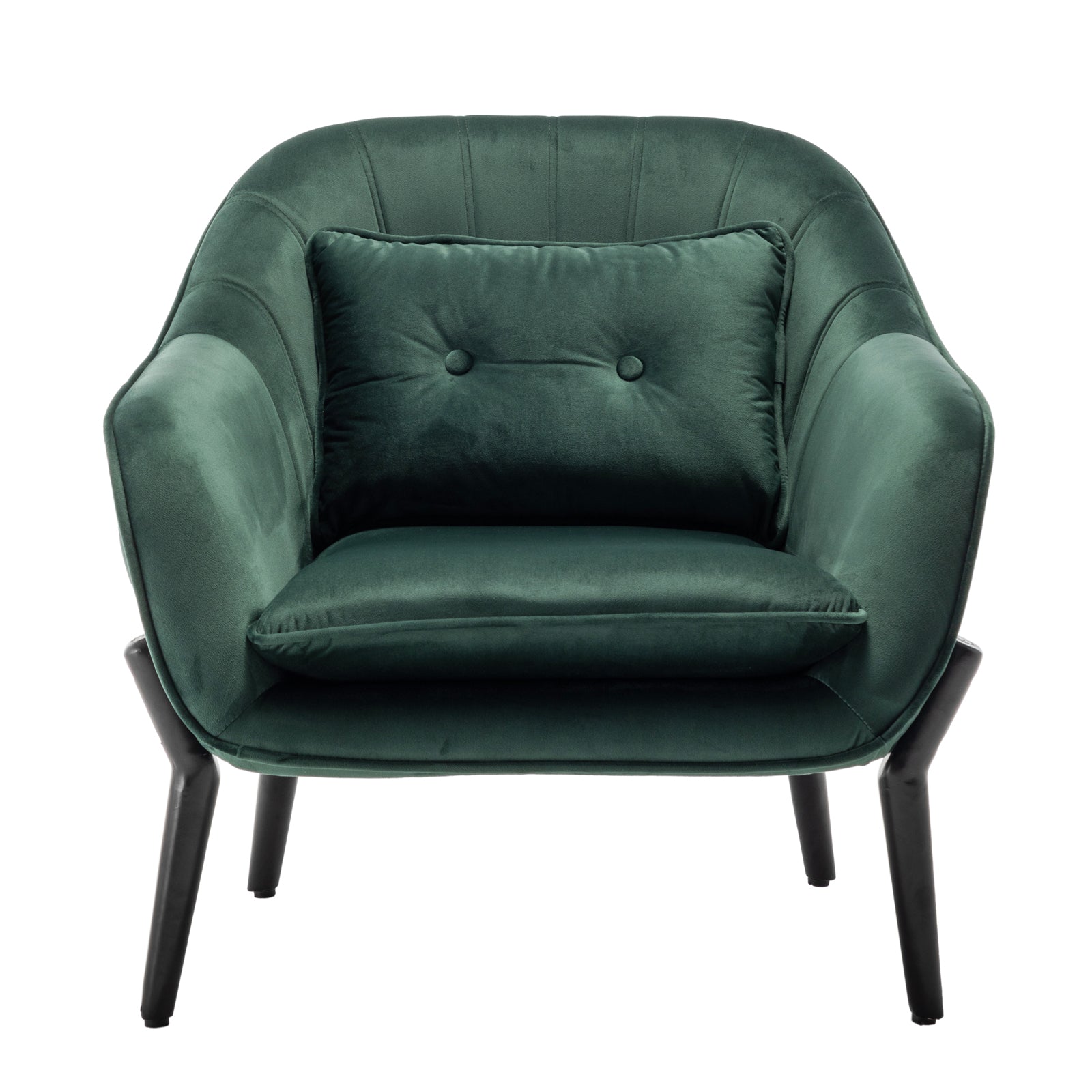 Ellen Velvet Accent Armchair in Dark Forest Green, featuring a modern design with flared armrests, button-tufted back cushion, loose seat cushion, and slender black metal legs, exudes luxury and comfort.