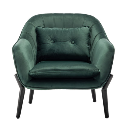 Ellen Velvet Accent Armchair in Dark Forest Green, featuring a modern design with flared armrests, button-tufted back cushion, loose seat cushion, and slender black metal legs, exudes luxury and comfort.