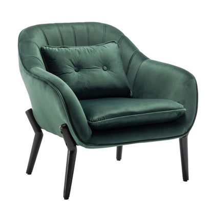 Ellen Velvet Accent Armchair in Dark Forest Green, featuring deep green velvet-like upholstery, padded flared armrests, matching cushion, button-tufted throw pillow, and contemporary black metal legs.