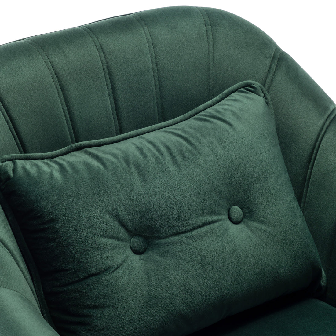 Ellen Velvet Accent Armchair in Dark Forest Green, featuring plush velvet upholstery and a tufted lumbar pillow, showcases a stylish, curved back design and solid black legs for a statement piece.
