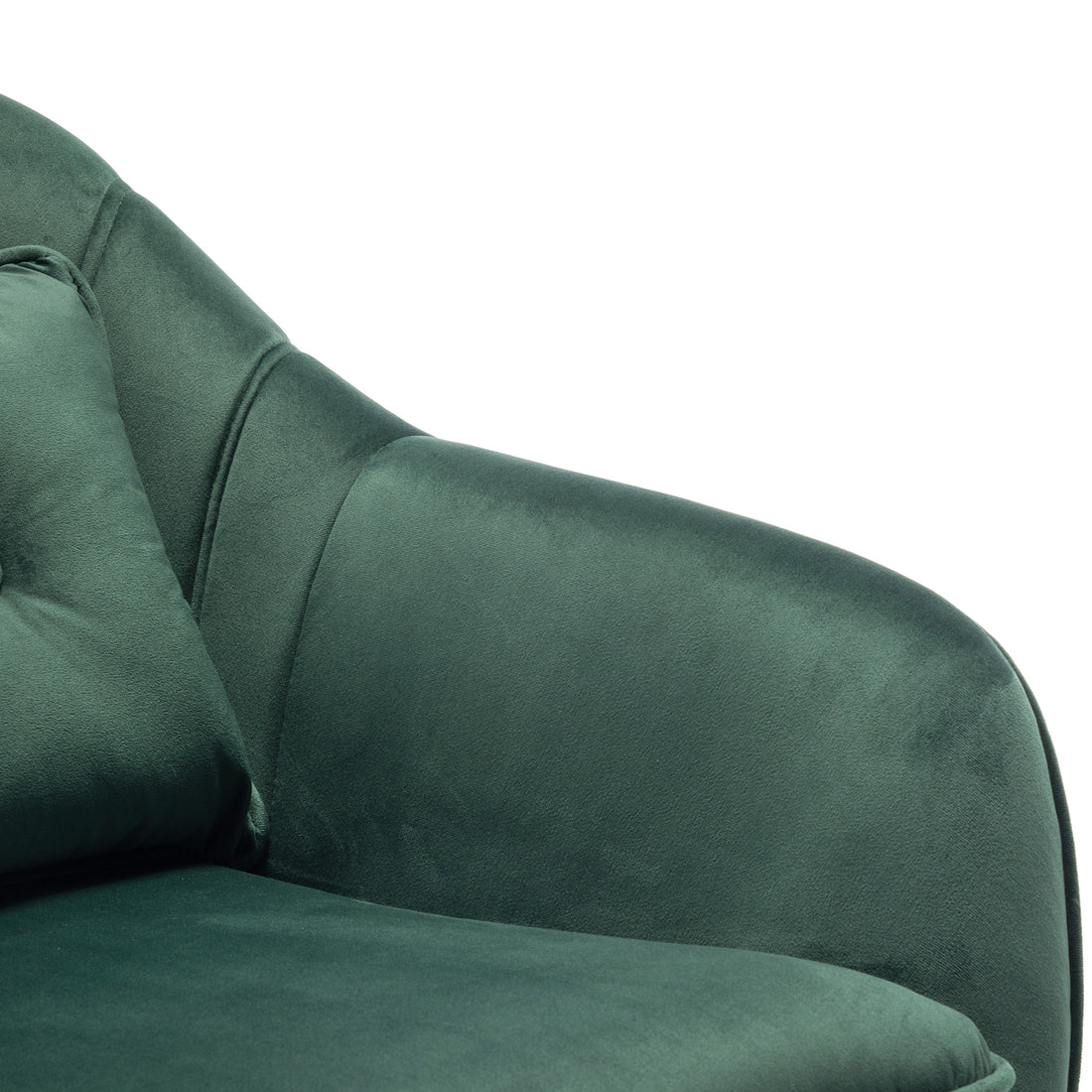 Ellen Velvet Accent Armchair in Dark Forest Green features a close-up of its armrest and cushioned seat, showcasing plush velvet upholstery and a matching throw pillow for a luxurious touch.