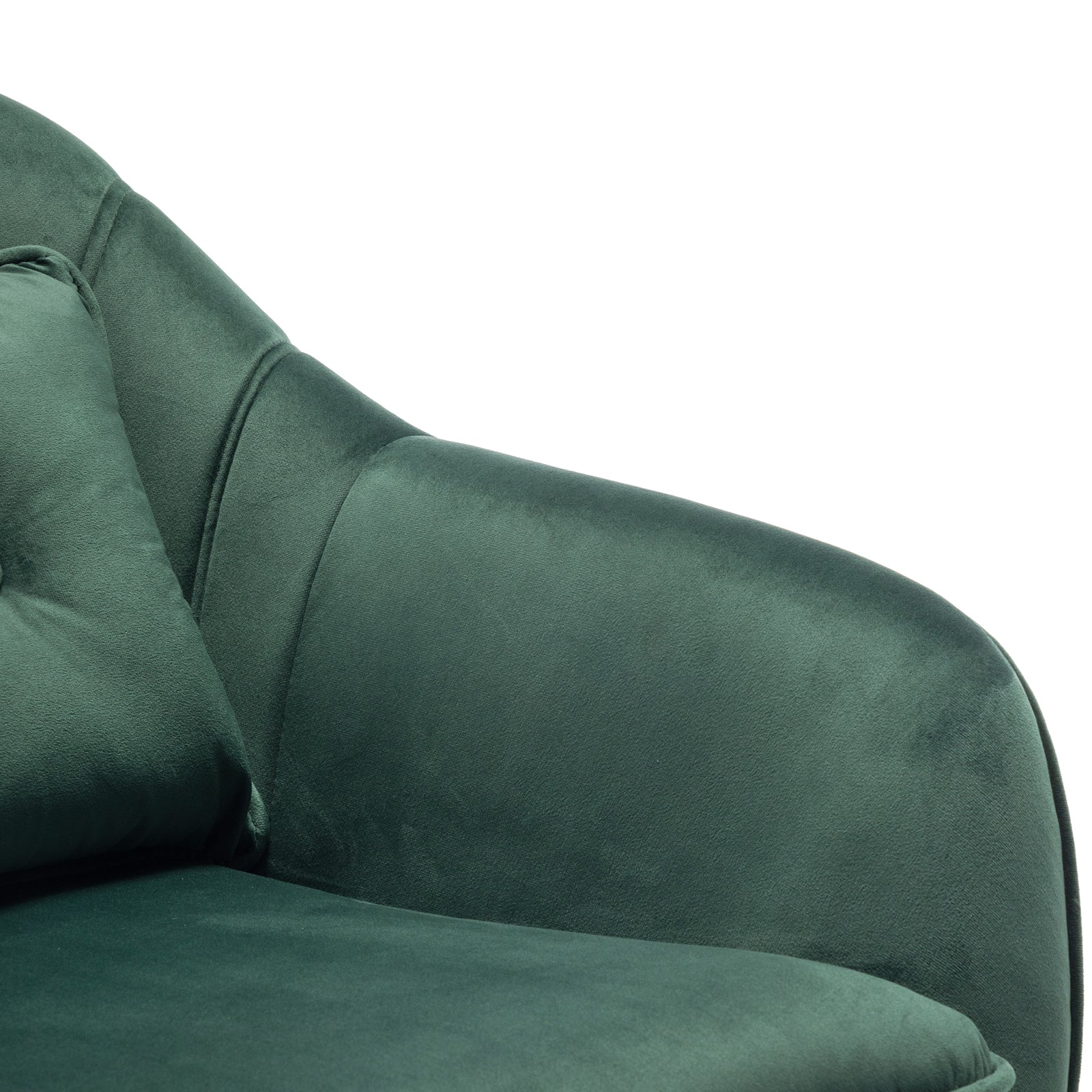 Ellen Velvet Accent Armchair in Dark Forest Green features a close-up of its armrest and cushioned seat, showcasing plush velvet upholstery and a matching throw pillow for a luxurious touch.