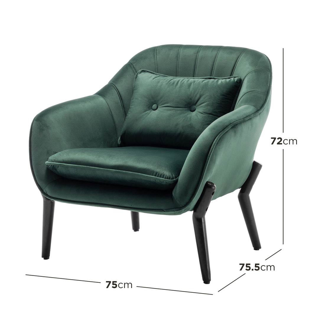 Ellen Velvet Accent Armchair in Dark Forest Green features deep green velvet upholstery, curved armrests, a loose seat cushion, a button-tufted lumbar pillow, and slender black metal legs.