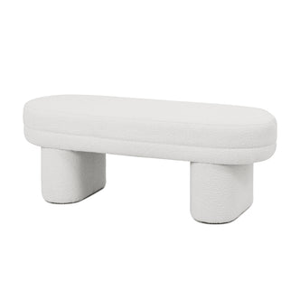 Close-up of the Elzan Bouclé Upholstered Bench in Eggshell White, showcasing its plush bouclé texture and sculptural silhouette. The image highlights the bench's soft fabric and modern design.