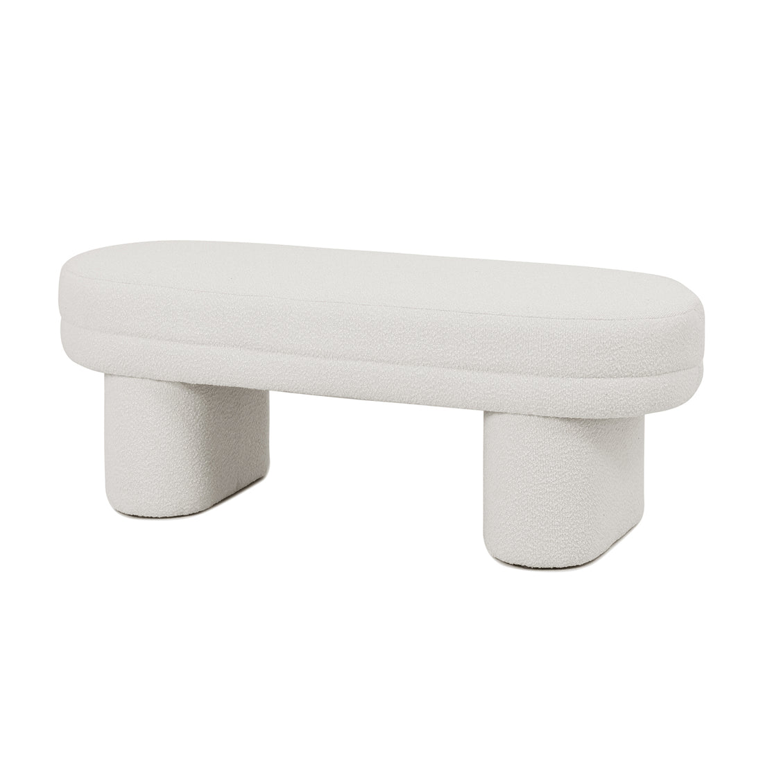 Elzan Bouclé Upholstered Bench, showcasing a sleek, curved silhouette wrapped in textured bouclé fabric, highlighted by its plush padding. Perfect for modern interiors, emphasizing both comfort and elegance.