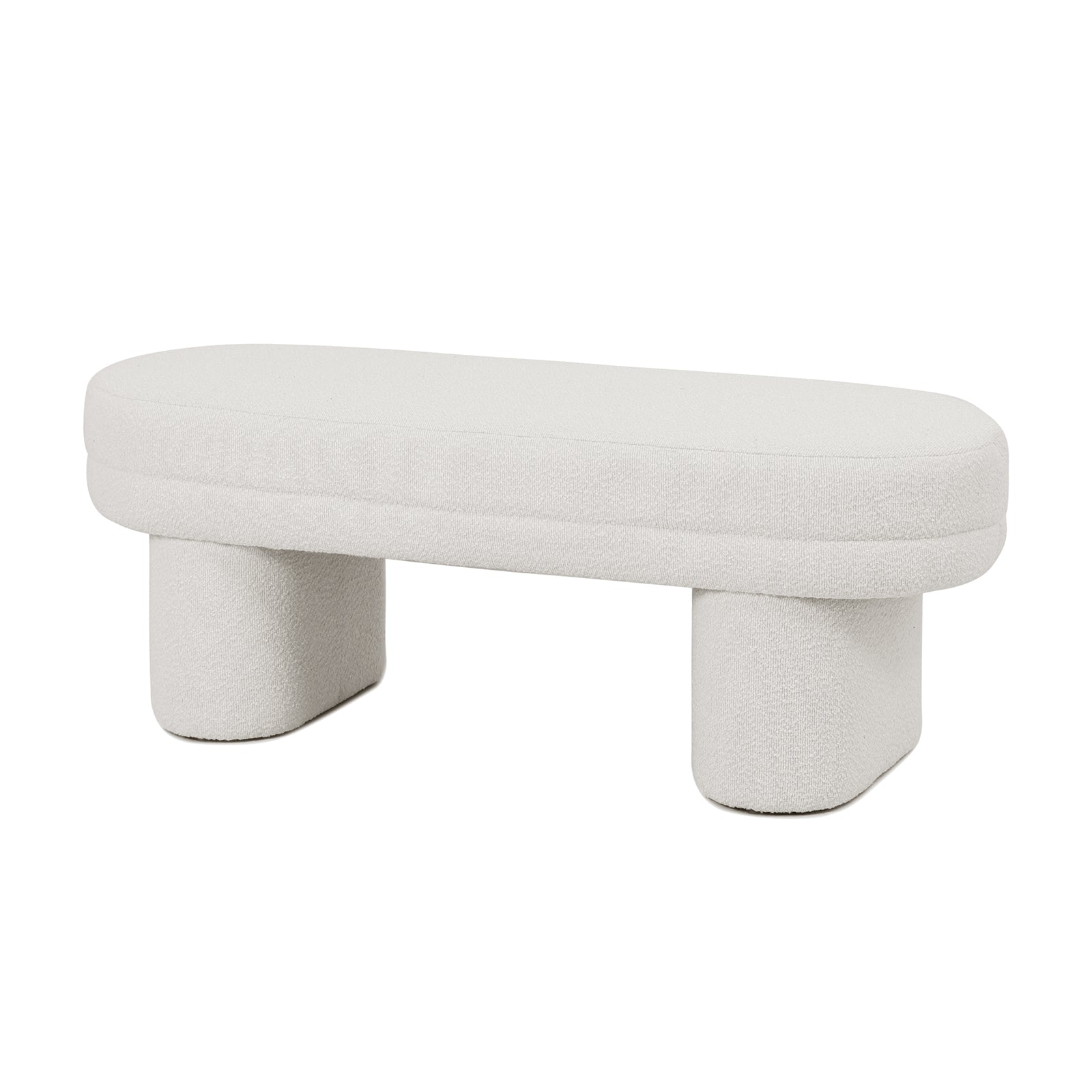 Elzan Bouclé Upholstered Bench, showcasing a sleek, curved silhouette wrapped in textured bouclé fabric, highlighted by its plush padding. Perfect for modern interiors, emphasizing both comfort and elegance.