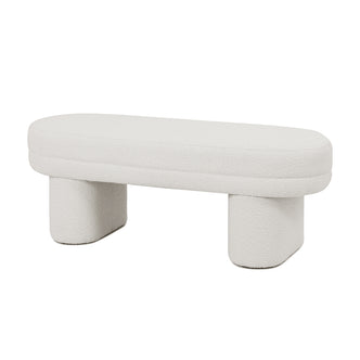 Elzan Bouclé Upholstered Bench, showcasing a sleek, curved silhouette wrapped in textured bouclé fabric, highlighted by its plush padding. Perfect for modern interiors, emphasizing both comfort and elegance.