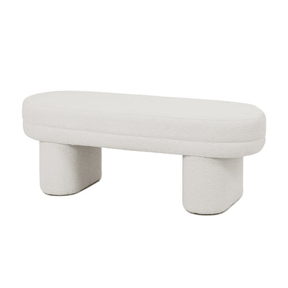 Elzan Bouclé Upholstered Bench, showcasing a sleek, curved silhouette wrapped in textured bouclé fabric, highlighted by its plush padding. Perfect for modern interiors, emphasizing both comfort and elegance.