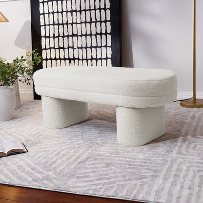 Elzan Bouclé Upholstered Bench in Light Beige, featuring a sleek, curved silhouette and plush bouclé fabric, ideal for modern interiors as a stylish seating or accent piece.