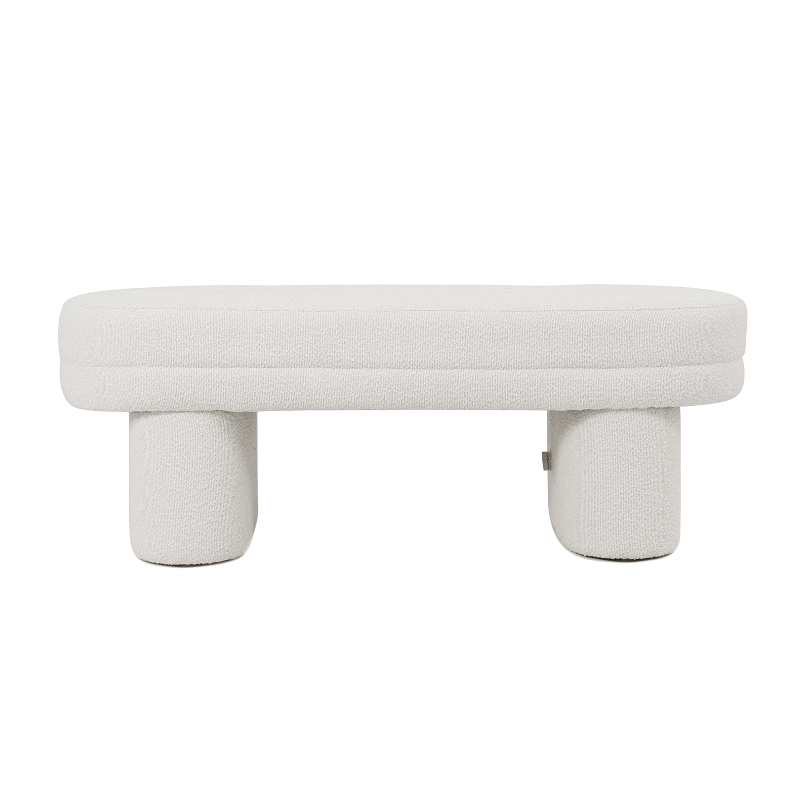Elzan Bouclé Upholstered Bench in eggshell white, featuring a close-up of its plush bouclé fabric and sleek, curved silhouette, highlighting its modern, sculptural design for stylish home interiors.