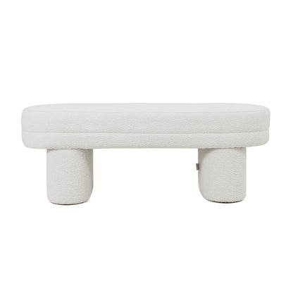 Elzan Bouclé Upholstered Bench in eggshell white, featuring a close-up of its plush bouclé fabric and sleek, curved silhouette, highlighting its modern, sculptural design for stylish home interiors.