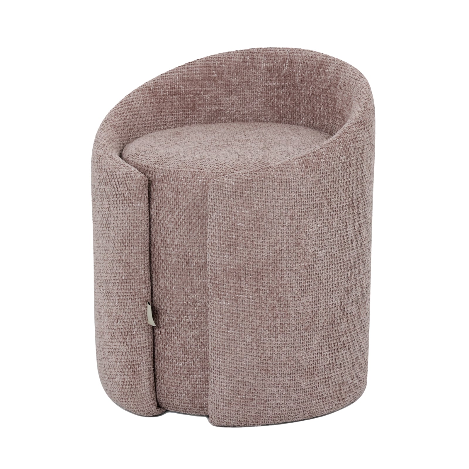 Emiken Chenille Fabric Ottoman Stool in Light Pink is a modern, cylindrical seat with a rounded top and low wrap-around backrest, featuring a textured chenille cover for stylish comfort.