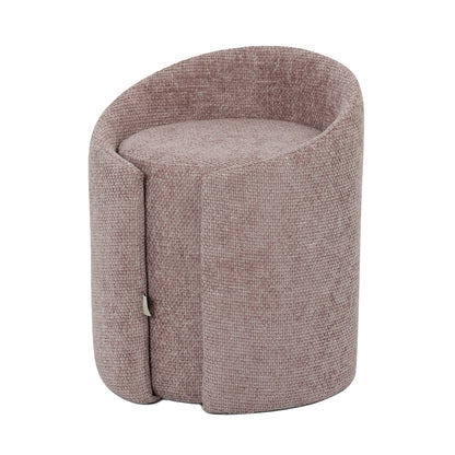 Emiken Chenille Fabric Ottoman Stool in Light Pink is a modern, cylindrical seat with a rounded top and low wrap-around backrest, featuring a textured chenille cover for stylish comfort.