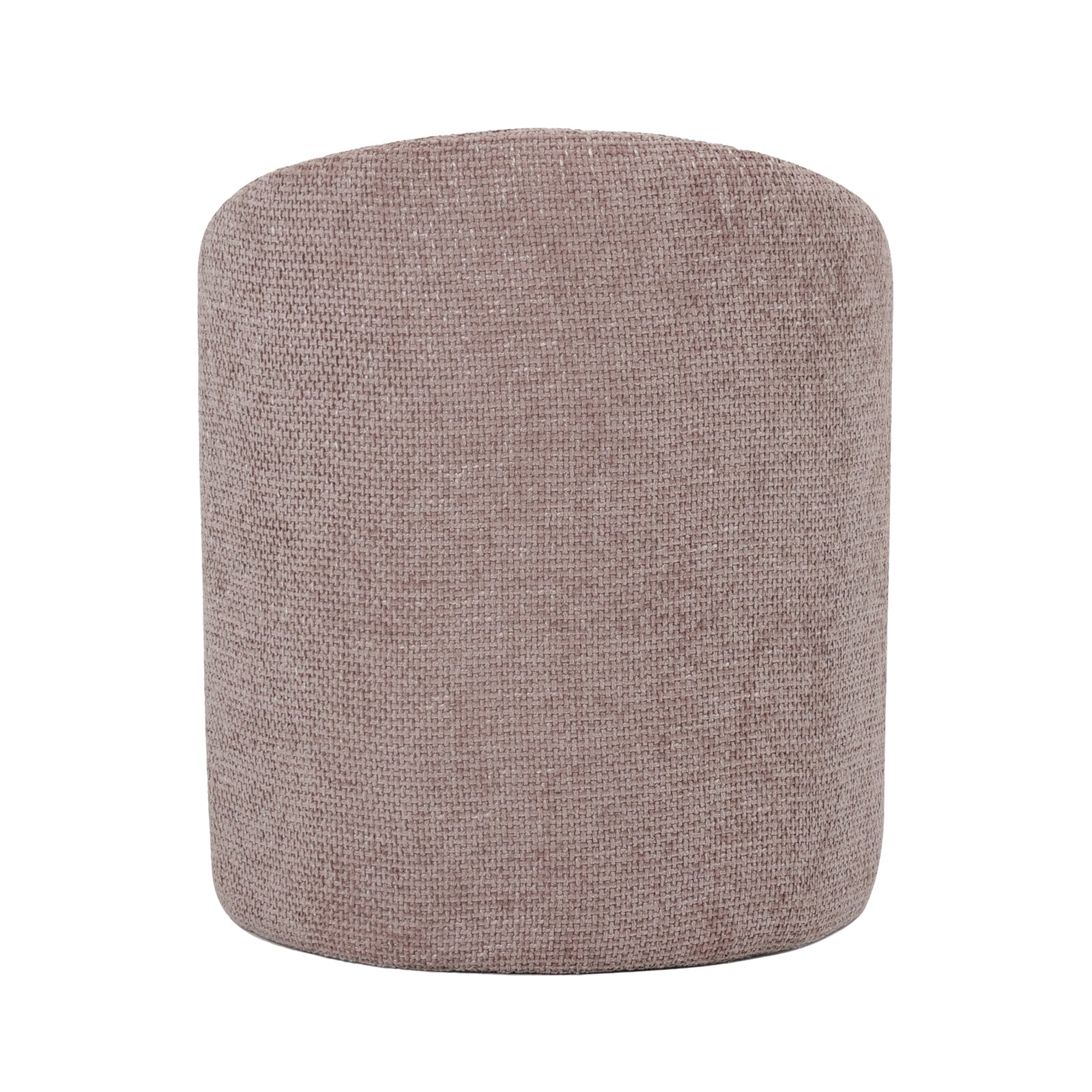 Emiken Chenille Fabric Ottoman Stool in Light Pink is a small, cylindrical, upholstered piece featuring a soft, woven texture. Ideal as a stylish vanity chair or comfy footrest with a modern classic design.