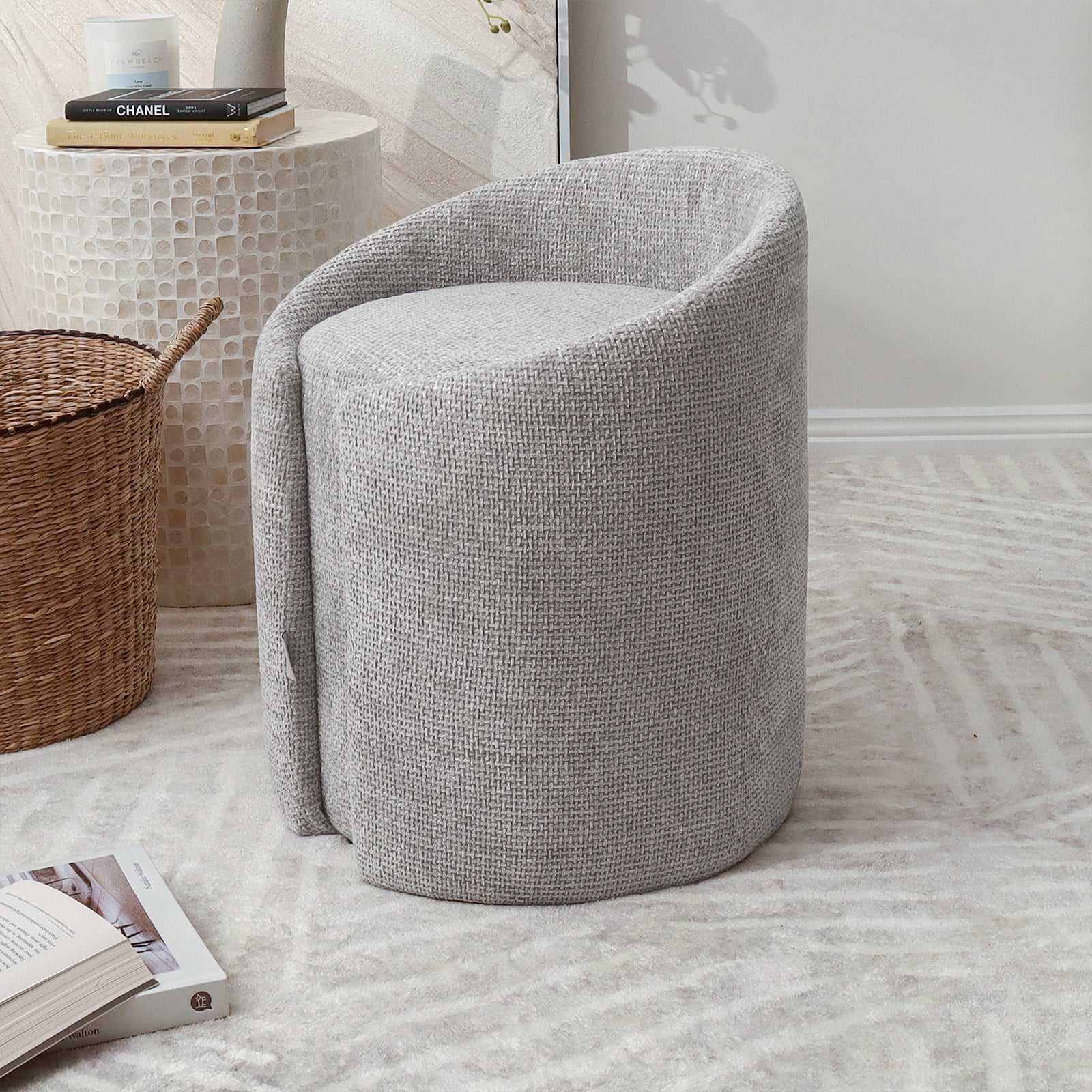 Close-up of the Emiken Chenille Ottoman Stool, showcasing its plush chenille fabric and elegant curved design, ideal for use as a vanity chair or extra seating.